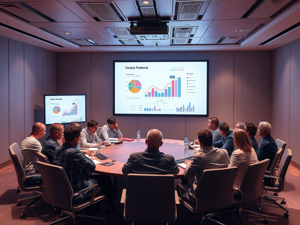 Люди за круглым столом во время деловой встречи, обсуждают графики и результаты на экранах.