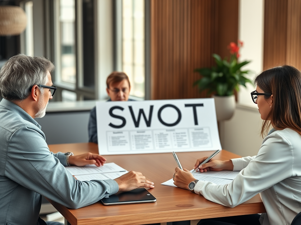 На встрече обсуждается анализ SWOT, участники делают заметки и изучают информацию.