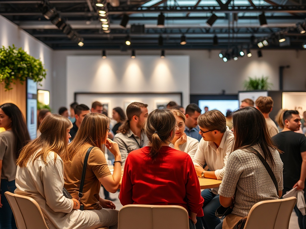 На изображении группа людей обсуждает что-то за столом на мероприятии. Сзади видны другие участники.