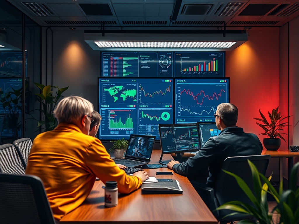 Два человека в офисе работают с несколькими экранами, отображающими финансовые данные и графики.