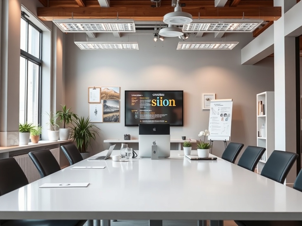 Современный конференц-зал с длинным столом, растениями и экраном для презентаций на стене.