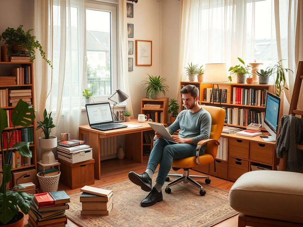 Молодой человек сидит в уютном офисе, читая на планшете, окружённый растениями и книгами.