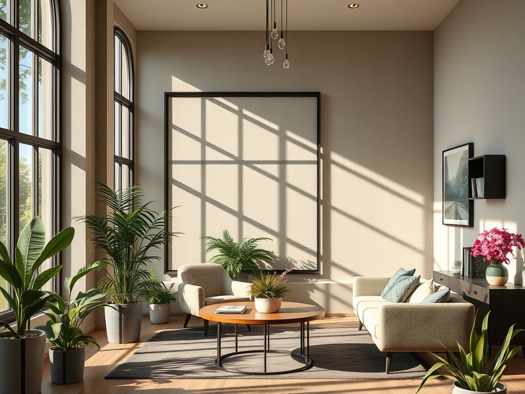 Современный интерьер с большими окнами, зелеными растениями и удобной мебелью на фоне солнечного света.