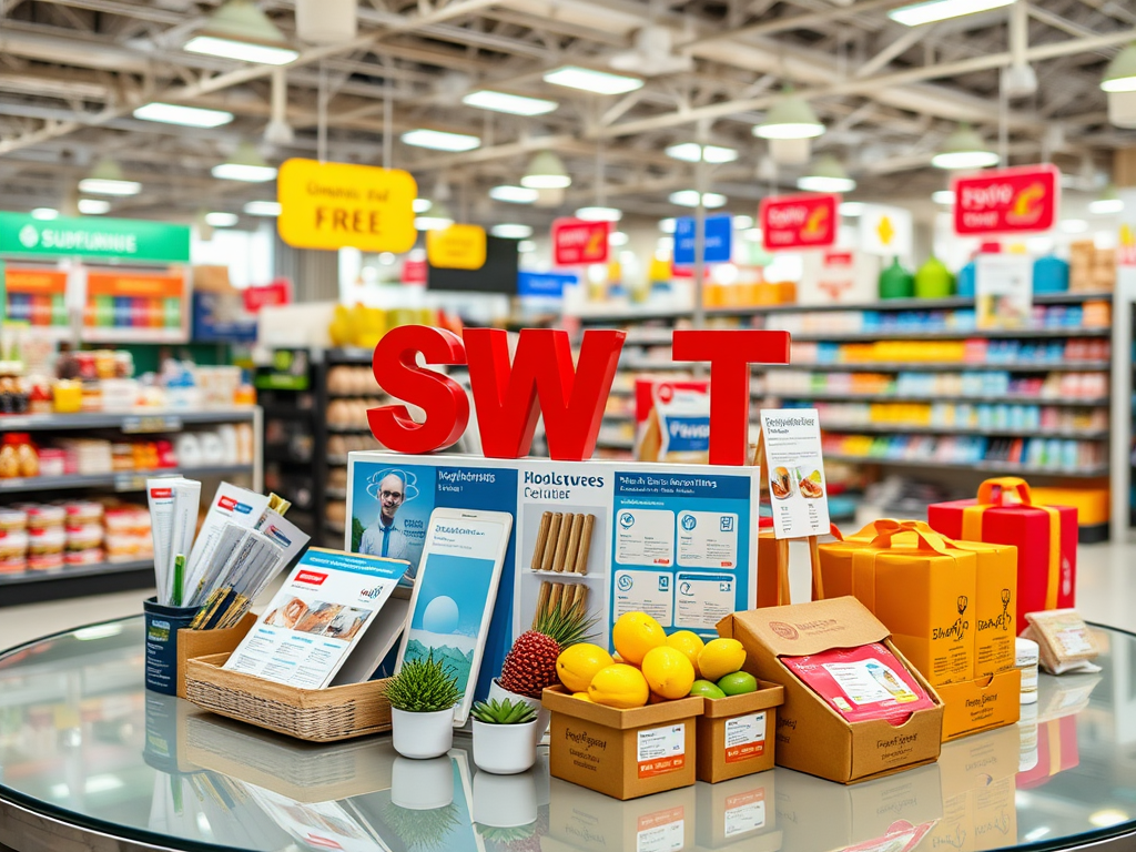 Стойка с продукцией: буквы "SWT", буклеты, подарочные коробки и фрукты на столе в магазине.