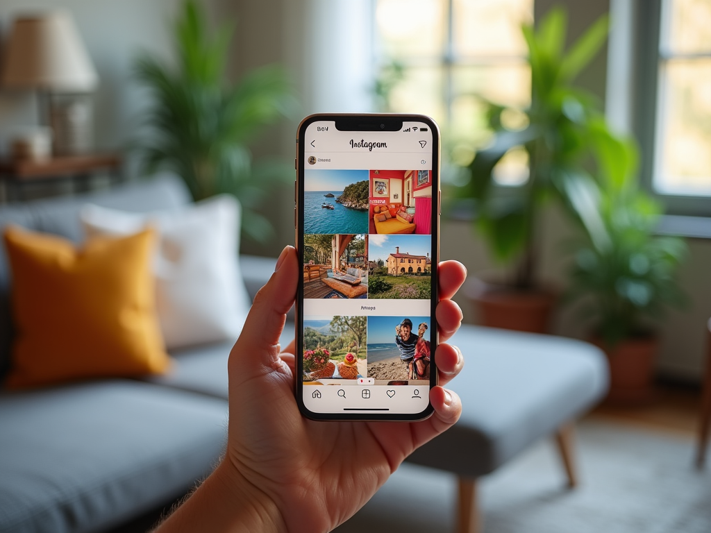 Рука держит смартфон с открытым Instagram, показывающим фото путешествий и интерьеров.