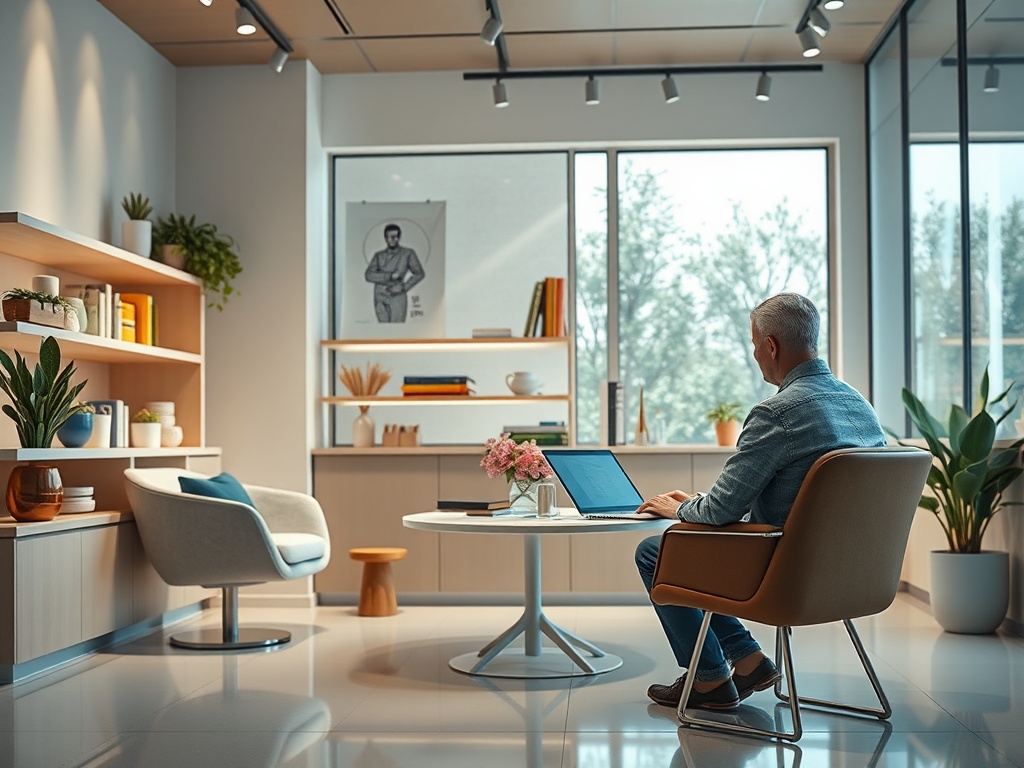 Мужчина сидит за столом с ноутбуком в современном офисе с зелеными растениями и книгами на полках.