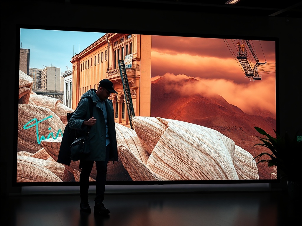 Мужчина рядом с большим экраном, на котором изображены скалы и горный пейзаж.